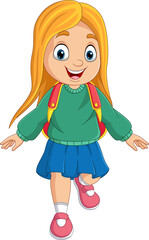 Cartoon school girl with backpack walking
