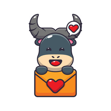 cute buffalo mascot cartoon character illustration in valentine day