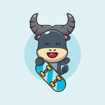 cute buffalo mascot cartoon character with skateboard