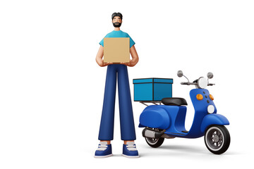 Delivery man with parcel box and a motorcycle, 3d rendering