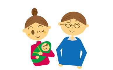 初めての子供が生まれてこれから頑張っていこうと微笑み合う夫婦・一人っ子・赤ちゃん