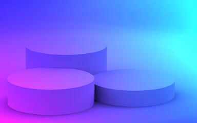 3d purple blue neon light cylinder podium minimal studio gradient dark colors background. Abstract 3d geometric shape object illustration render. Display for nightclub party and technology product.