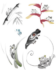 Collection of frogs ( painted with ink and Chinese watercolors on xuan paper, oriental style). Texture of paper and brush strokes - intact. Background`s been removed.
