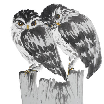 Couple of owls hugging and leaning on each other(sitting on posts, painted with ink and watercolors on xuan (rice) paper, oriental style). Texture of paper and brush strokes-intact. Background removed