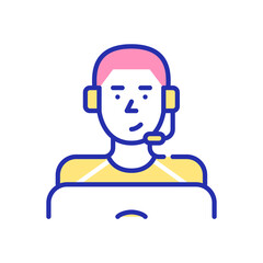 Young man wearing headset working as a call center agent. Pixel perfect, editable stroke fun color icon