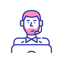 Young professional man wearing headset working as a call center agent. Pixel perfect, editable stroke, fun color icon