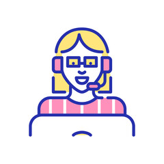 Young girl with bob haircut in glasses working at a call center. Speaking in a headset working at laptop. Pixel perfect, editable stroke, fun color