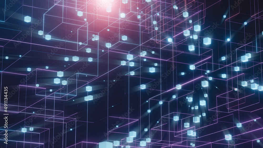 Poster 3d rendering of abstract technology background. blocks and glowing rectangle geometry. concept for a
