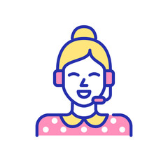 Cute young girl with a headset working at customer support. Pixel perfect, editable stroke, fun color icon