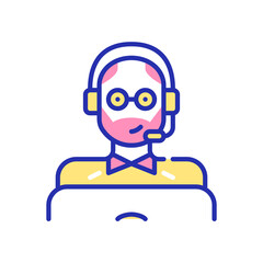Middle aged man wearing a headset and working as a call center agent at a laptop. Pixel perfect, editable stroke fun color icon 