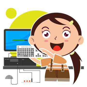 girl using computer cartoon cute
