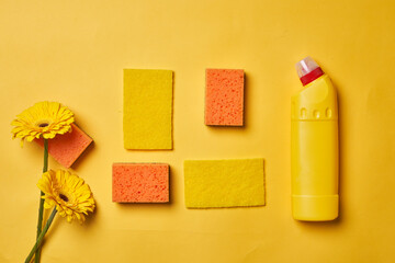 Cleaning service concept. Spring cleaning. Cleaning chemical bottles and supplies. House cleaning concept on colored background