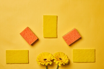 Cleaning service concept. Spring cleaning. Cleaning chemical bottles and supplies. House cleaning concept on colored background