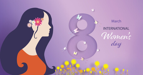 International Women's Day 8 march with butterfly and flowers.