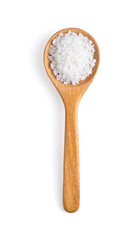 Salt in woodn spoon isolated on white background