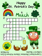 St Patrick's day crossword with keyword and answer vector illustration. Funny cartoon hand-drawn word game with a leprechaun for children. Colorful educational activity page vertical printable page