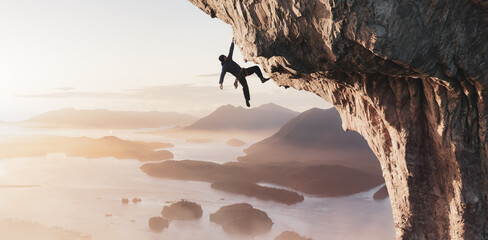 Adventurous Adult Man Rock Climbing a Steep Rocky Mountain on the Ocean Coast. 3d Rendering Cliff Extreme Adventure Sport Concept. Aerial background from British Columbia, Canada. - obrazy, fototapety, plakaty