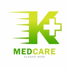 Fototapeta premium Abstract letter K plus with medical fast vector design logo. this is cross or plus for symbol health logo