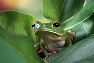 White-lipped tree frog (Litoria infrafrenata) on green leaves, white-lipped tree frog (Litoria infrafrenata) closeup