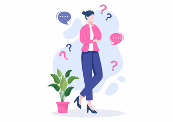 People Thinking to Make Decision, Problem Solving and Find Creative Ideas with Question Mark in Flat Cartoon Background for Poster Illustration