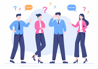 Fototapeta na wymiar People Thinking to Make Decision, Problem Solving and Find Creative Ideas with Question Mark in Flat Cartoon Background for Poster Illustration
