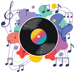 Music notes rainbow colourful with vinyl record on white background