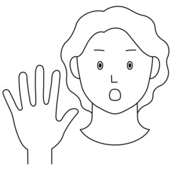 片手を前に突き出し「NO」の意思表示をする女性のイラスト（白背景・ベクター・線画・切り抜き）