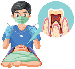 Dentist man examining patient teeth on white background
