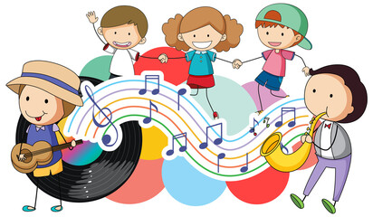 Fototapeta na wymiar Happy children and music notes rainbow colourful with vinyl record on white background