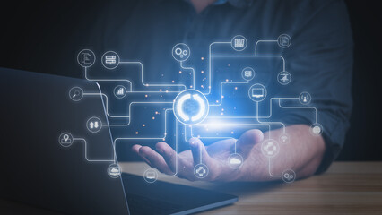 Update on the virtual blue screen. Businessmen click on the Update icon. Internet and technology concept