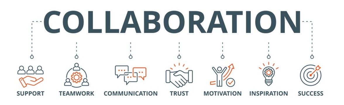 Collaboration Banner Web Icon Vector Illustration Concept For Teamwork And Working Together With Icon Of Support, Teamwork, Communication, Trust, Handshake, Motivation, Inspiration, And Success