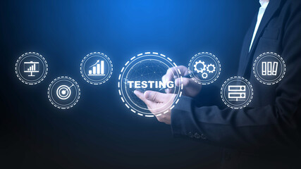 TESTING on the virtual display. Business technology, internet, and networking concept.