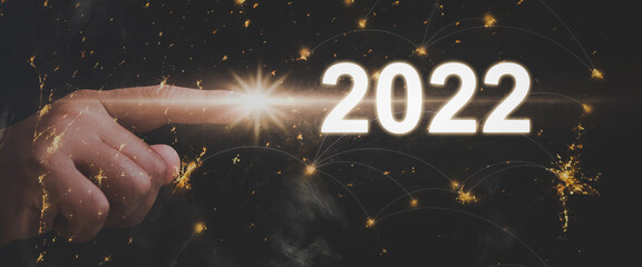 Year 2022. Businessman drawing global structure networking and data exchanges customer connection. elements from NASA.