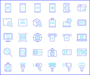 Set of QR code and scan icons line style. It contains such Icons as bar code, label, qr, tag, scanner, pay, digital and other elements.