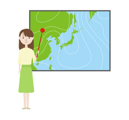 春の気圧図で説明をする女性の気象予報士