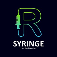 Abstract Letter R in shape of syringe design vector logo. Suitable for initial health and immunization symbol 