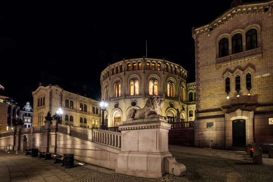 Oslo, Norway  The exterior at night of the Norwegian Parliament, or Stortinget,