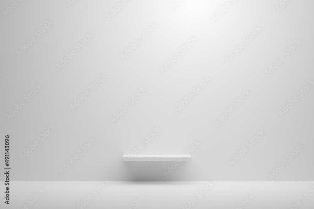 Poster front view of empty white bench or shelf mounted on a white wall.