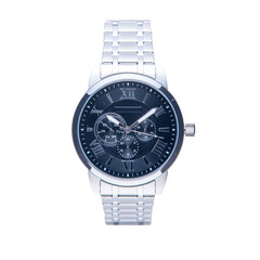 Wrist watch is silver color on white background.