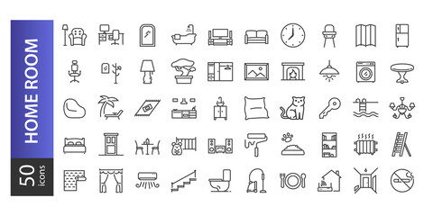 Simple Set of Home Room Types Related Vector Line Icons. Contains such Icons as Kitchen, Living Room, Pet, Vaccum Cleaner, Wi-fi, Dining Room and more. Editable Stroke.