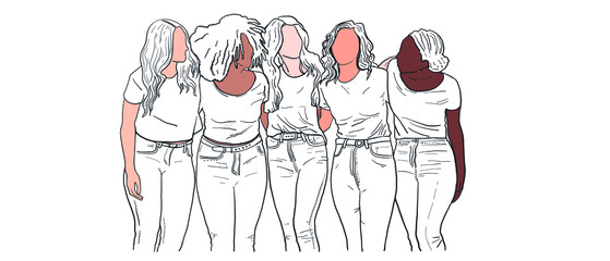 Vector Doodle Hand Drawn a Group of Women. International Women's Day banner, poster, card. Diverse women standing together for feminism, freedom, independence, empowerment, women rights, equality.