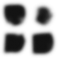 The halftone texture is black and white. A set of halftone abstract backgrounds. Spots of dots on a white backdrop