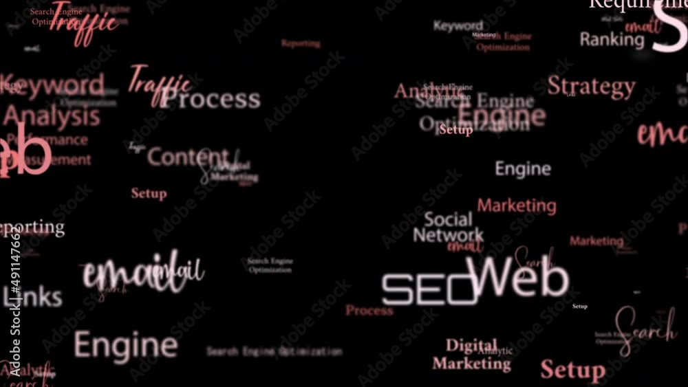 Poster animation loop of seo management process related red pink word flowing. element for intro, title ban