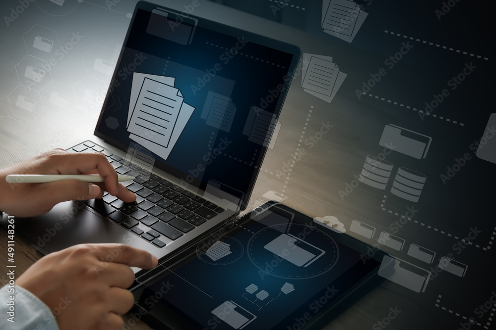 Aufkleber businessman working reading documents graph financial to job succes analyze online documentation dat