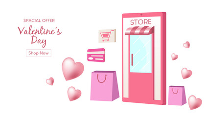 Love concept pink background. Shop online for Valentine's Day. Send special gifts with mobile convenience and safe. banner for online promotion or website.Online store on the mobile application.vector