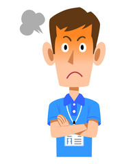 半袖のポロシャツ姿でネームタグを身に着けた男性スタッフの怒りの表情
