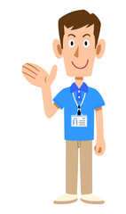 半袖のポロシャツ姿でネームタグを身に着けた男性スタッフの案内する仕草
