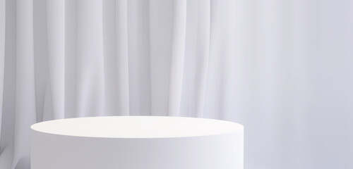 3D render of an empty round premium white podium under spot light for products display with white wavy sheer curtain in background. Podium, Overlay, Backdrop, Shinny, Show, Luxury, Modern, Blank