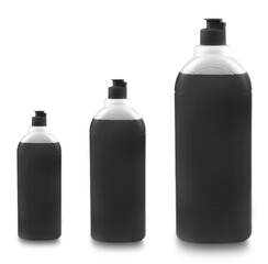 Set of black bottles with dishwashing detergent on white background