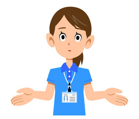 半袖のポロシャツ姿でネームタグを身に着けた女性スタッフの諦めの仕草
